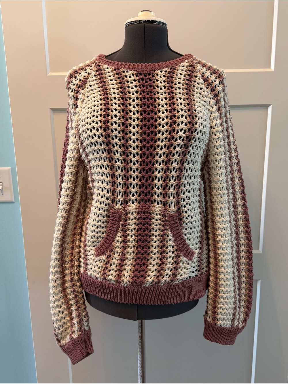 Free People Cream and Brown Striped Open-Knit Pullover